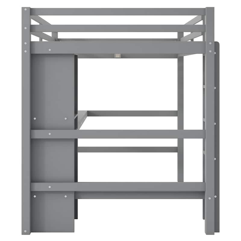 Full Size Wooden Loftbed Frame with Storage Shelves and Built In Desk