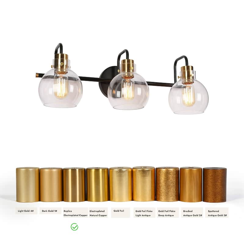 Modern 3-Light Black Gold Bathroom Vanity Lights Wall Lighting with Clear Globe Glass - 23" L x 8" W x 8" H