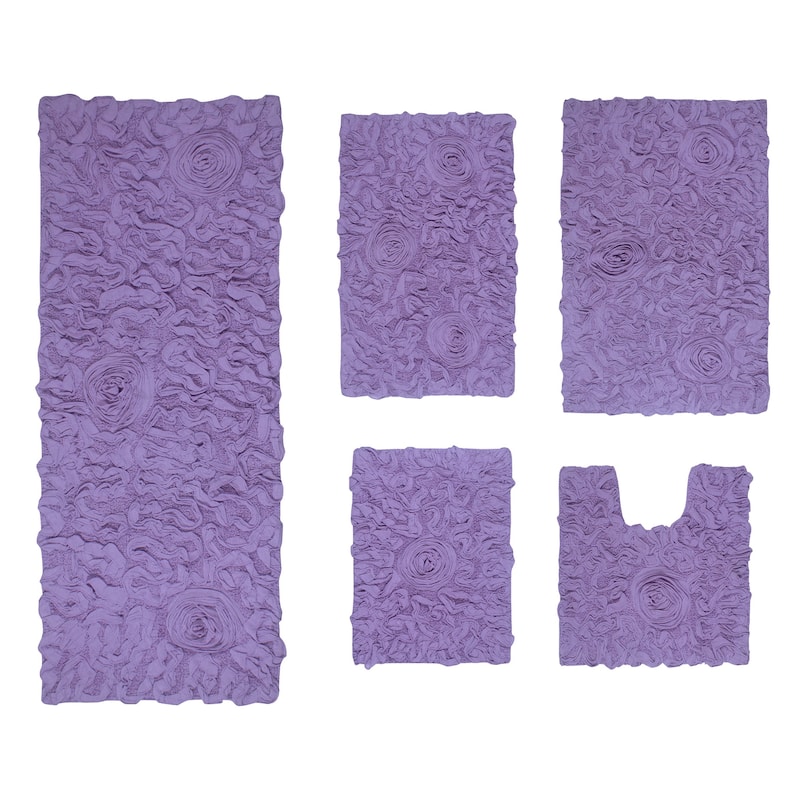 Bell Flower Collection 100% Cotton Non-Slip Bathroom Rug Set, Machine Washable Bath Rug, 5 Piece Bath Mat Set with Runner - Purple