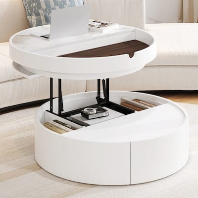 White Round Lift Coffee Table with 1 Drawer - 29.5" Marble & Wood Grain Top‌.