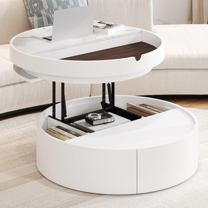 White Round Lift Coffee Table with 1 Drawer in 29.5", Marble and Wood Grain Tabletop