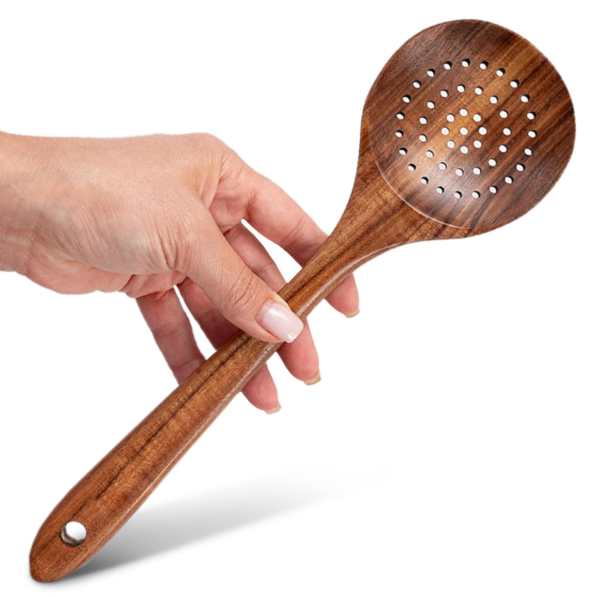 Cheer Collection Teak Wood Strainer Spoon with Drain Holes and Hanging Loop