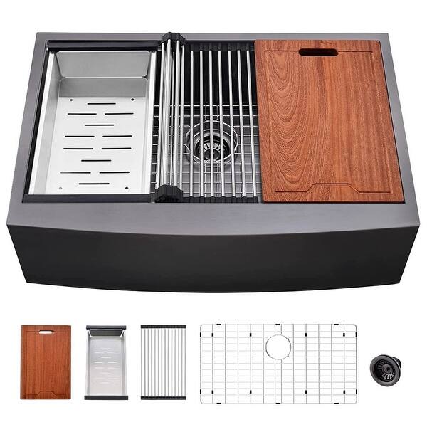 slide 6 of 5, YASINU Stainless Farmhouse Apron Front Kitchen Single Bowl Sink - 33" W x 22" D 33" W x 22" D - Black