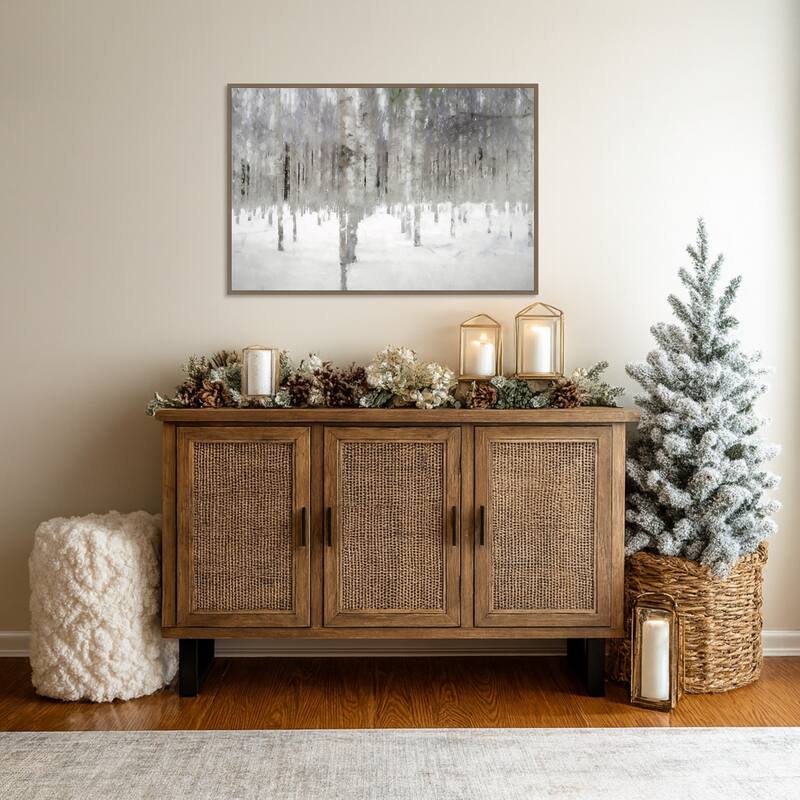 Birches In Fog by Kim Curinga Framed Canvas Wall Art Print - Sylvie Dark Gold