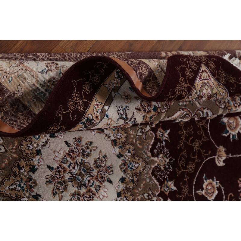 Burgundy Red Floral Aubusson Area Rug Machine Made Carpet - 6'6" x 9'10"