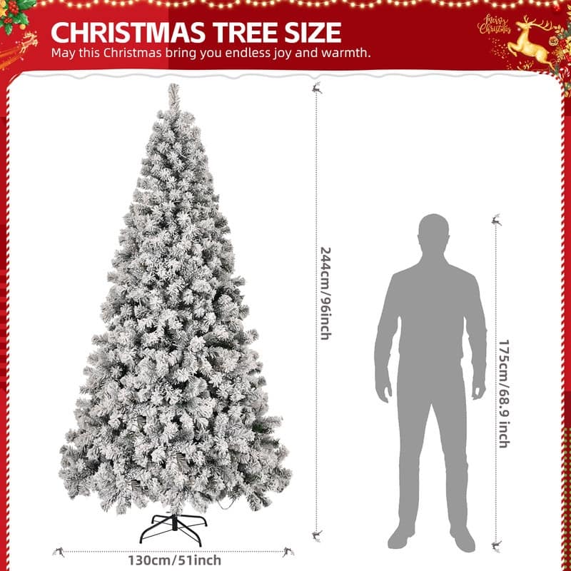 8 FT Pre-lit Snow Flocked Christmas Tree, Artificial Hinged Xmas Pine Tree,Remote Control for Holiday Party, Snowy Green
