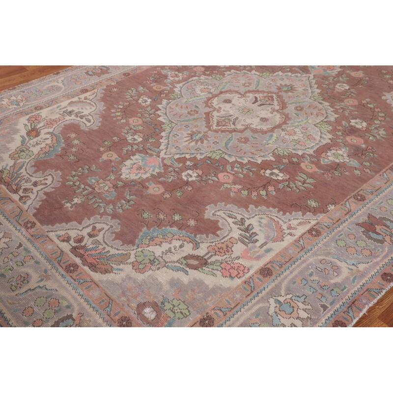 Vintage Tabriz Persian Vintage Area Rug Handmade Brown Wool Carpet - 6'8"x 10'0"