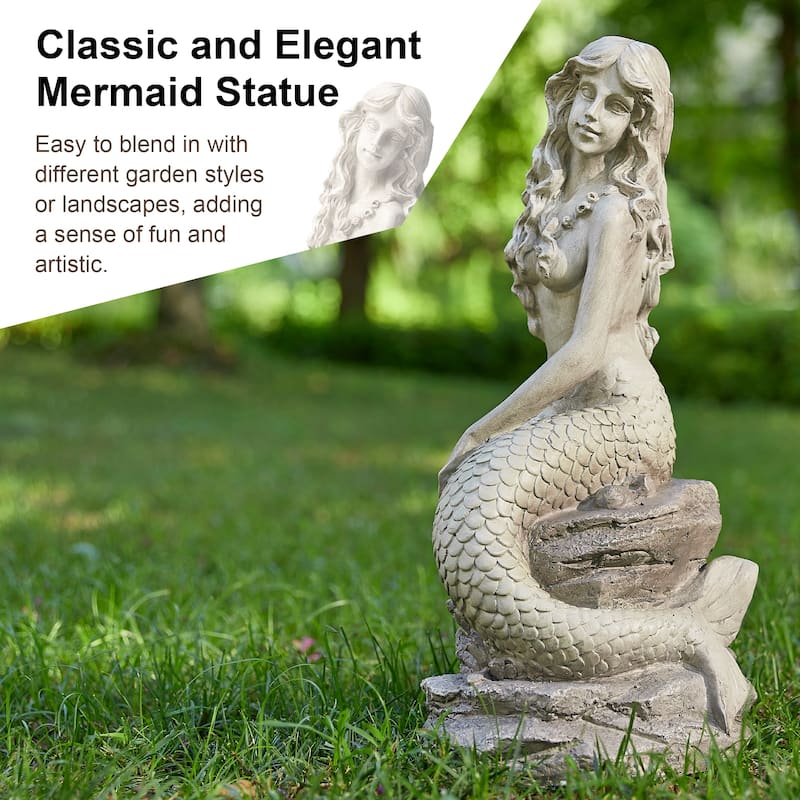 Glitzhome 20"H MGO Concrete Mermaid On Rocks Coastal Sculpture Poolside Garden Statue