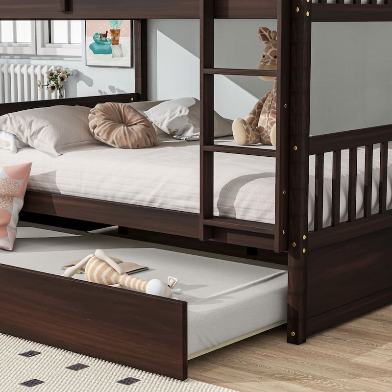 Full Over Full Rubber Wood Bunk Bed: Trundle, Ladder, Guardrails, Convertible to 2 Full Beds + Twin Trundle