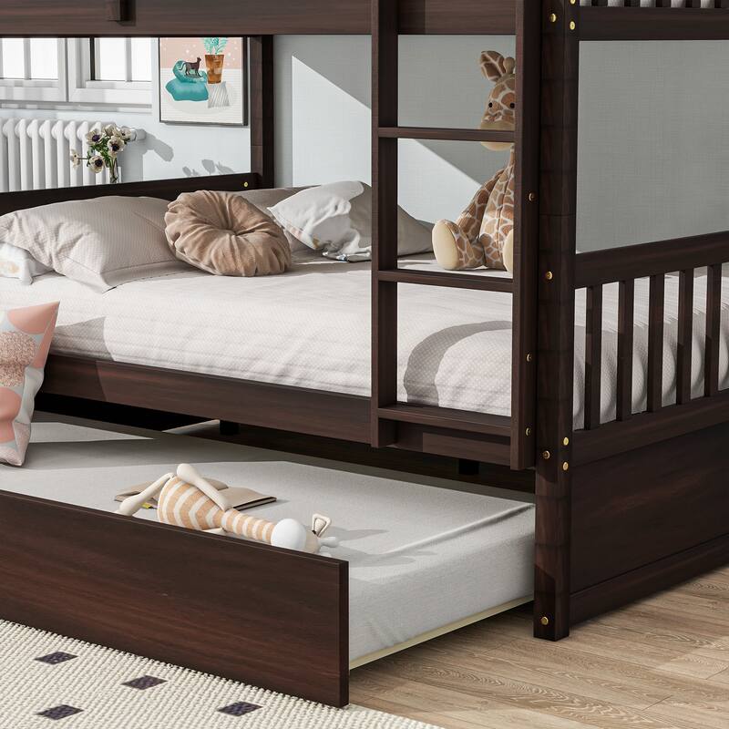 Roomfitters Full Over Full Rubber Wood Bunk Bed with Trundle, Convertible Design, Ladder and Safety Guardrails, Espresso