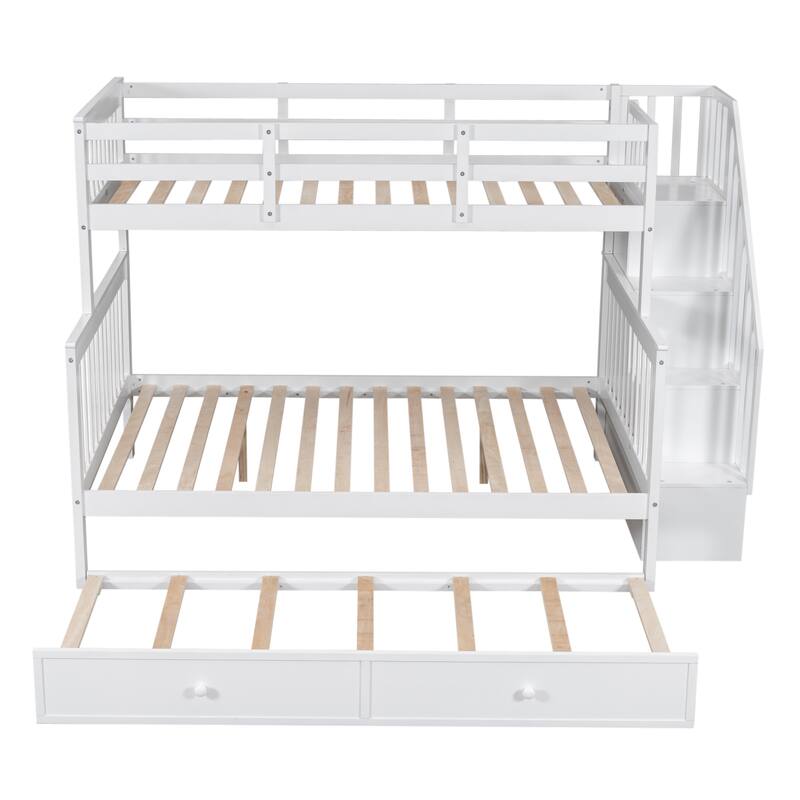 Twin-Over-Full Bunk Bed with Trundle, Storage, and Guard Rail for Bedroom or Dorm