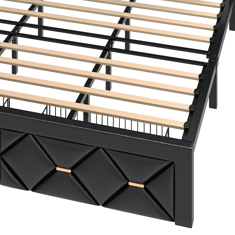 Black Farmhouse Bed Frame Upholstered Headboard Platform Bed with Charging Station