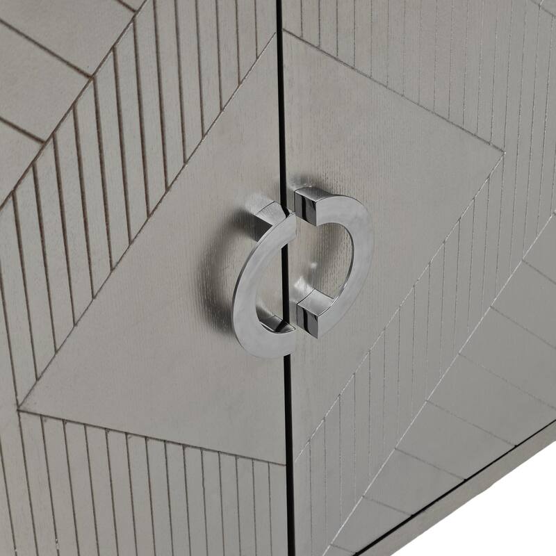 Grey Storage Cabinet Kitchen Buffet Sideboard, Entrance Cabinet with Carved Lines & Semi-Circular Handle Cabinet Door