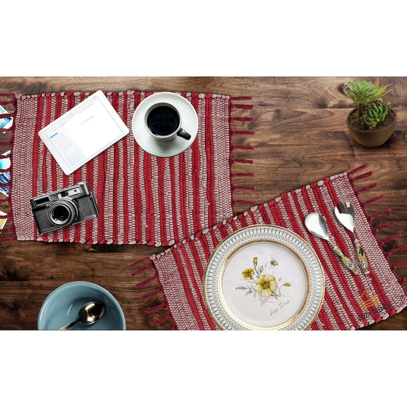 100% Cotton Woven Placemats for Dining Room Rectangle 14''x20'' with Fringes | Set of 6 | Washable - Red