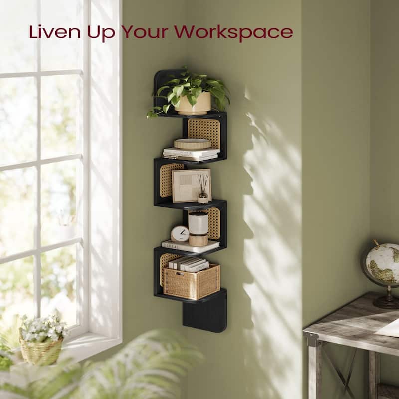 5-Tier Space-Saving Modern Zigzag Corner Shelf Wall-Mounted Display for Bedroom or Living Room - 7.9"D x 7.9"W x 49.6"H