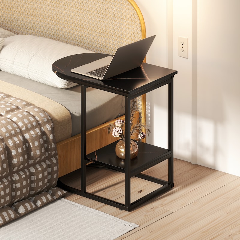 2 Tier Faux Marble C Shaped Bedside End Table with Metal Frame for Living Room Decor or Bedroom - 24" x 16" x 24"