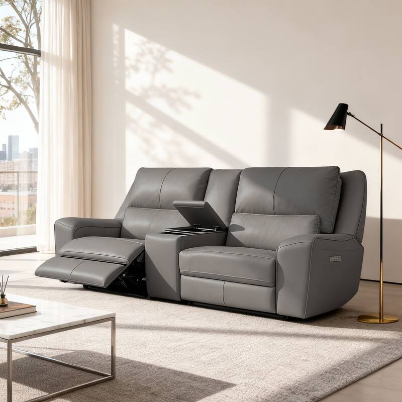 98''W Top Grain Leather Triple-Power Recliner Loveseat Sofa with Power Headrest, Pop-Out Cup Holders