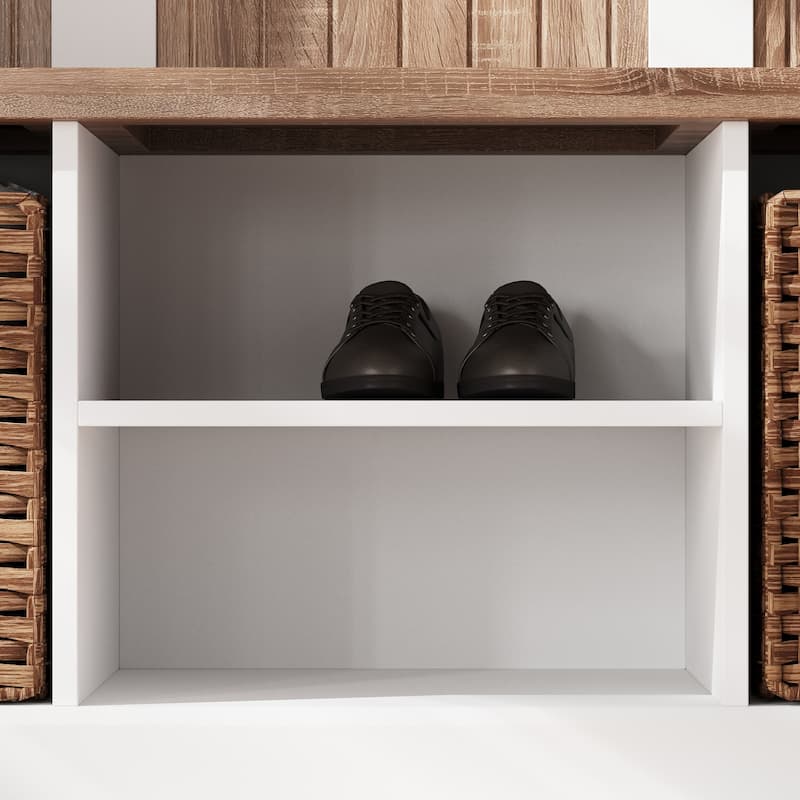 Entryway Hall Tree with Shoe Bench and 2 Rattan Baskets, Mudroom Storage Organizer