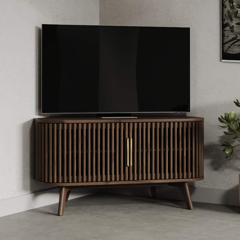 Studio London Sierra Wooden Corner TV Stand with Mid-Century Accents - Dark Stained Walnut, Brass