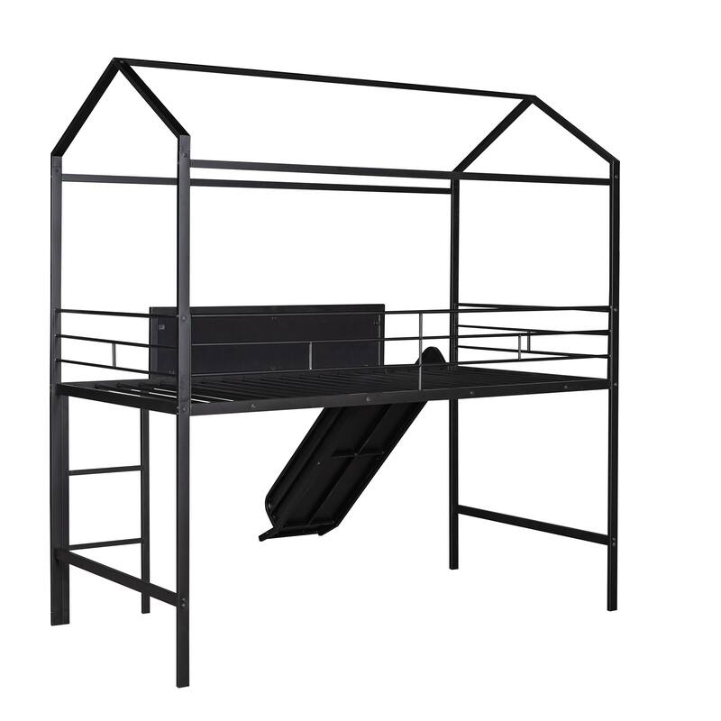 Twin Size Metal Loft Bed with Slide & Two-Sided Writable Wooden Boards - Metal House Bed Design