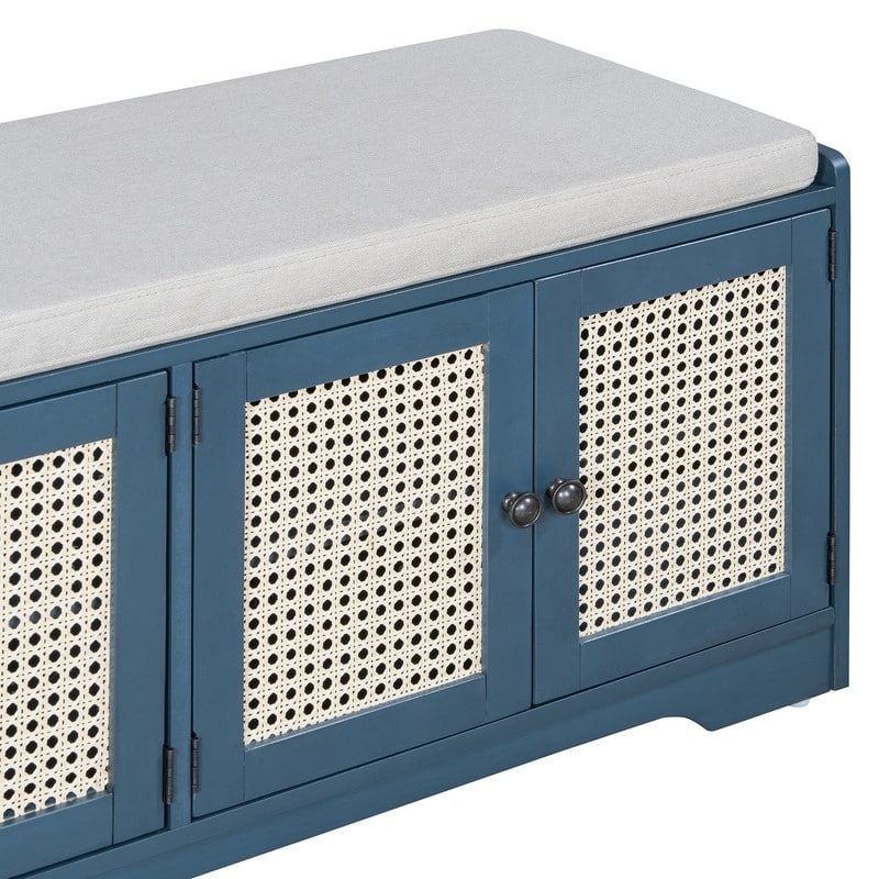 Rustic 47.4" Storage Bench Multifunctional Wooden Entryway Organizer with Removable Cushion and Rattan Doors