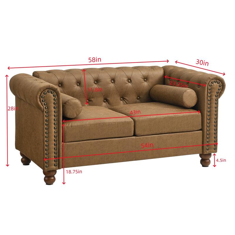 Brown 55'' Fabric Upholstered 2-Seater Chesterfield Sofa with Tufted Back and 2 Headrests