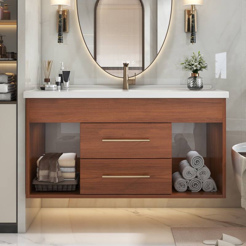Mid-century Modern Floating Bathroom Vanity with Integrated Ceramic Undermount Sink, Wall-Mounted Single Sink Bathroom Cabinet - White+Walnut - 35 Inch