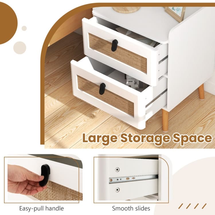 Modern End Table with Wide Top and 2 Rattan Storage Drawers - 17.5" x 15.5" x 22.5"