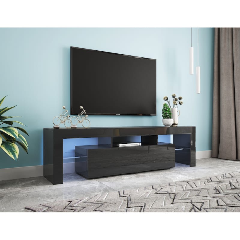 Contemporary Black TV Stand with Multi-Color LED Lighting & Remote Control‌