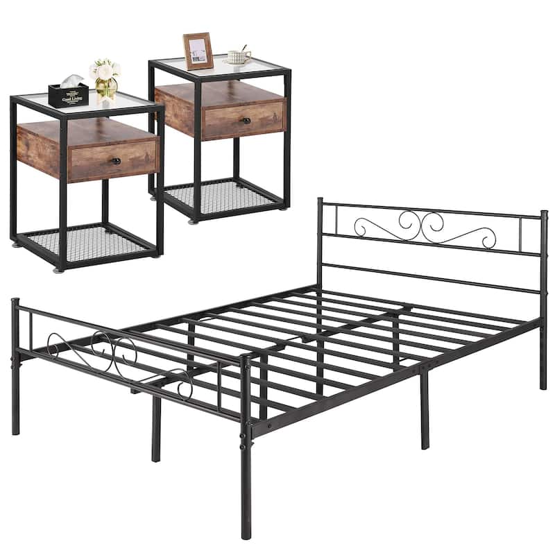 Tamika 3-pieces Metal Bed Frame Tempered Glass Nightstands Set