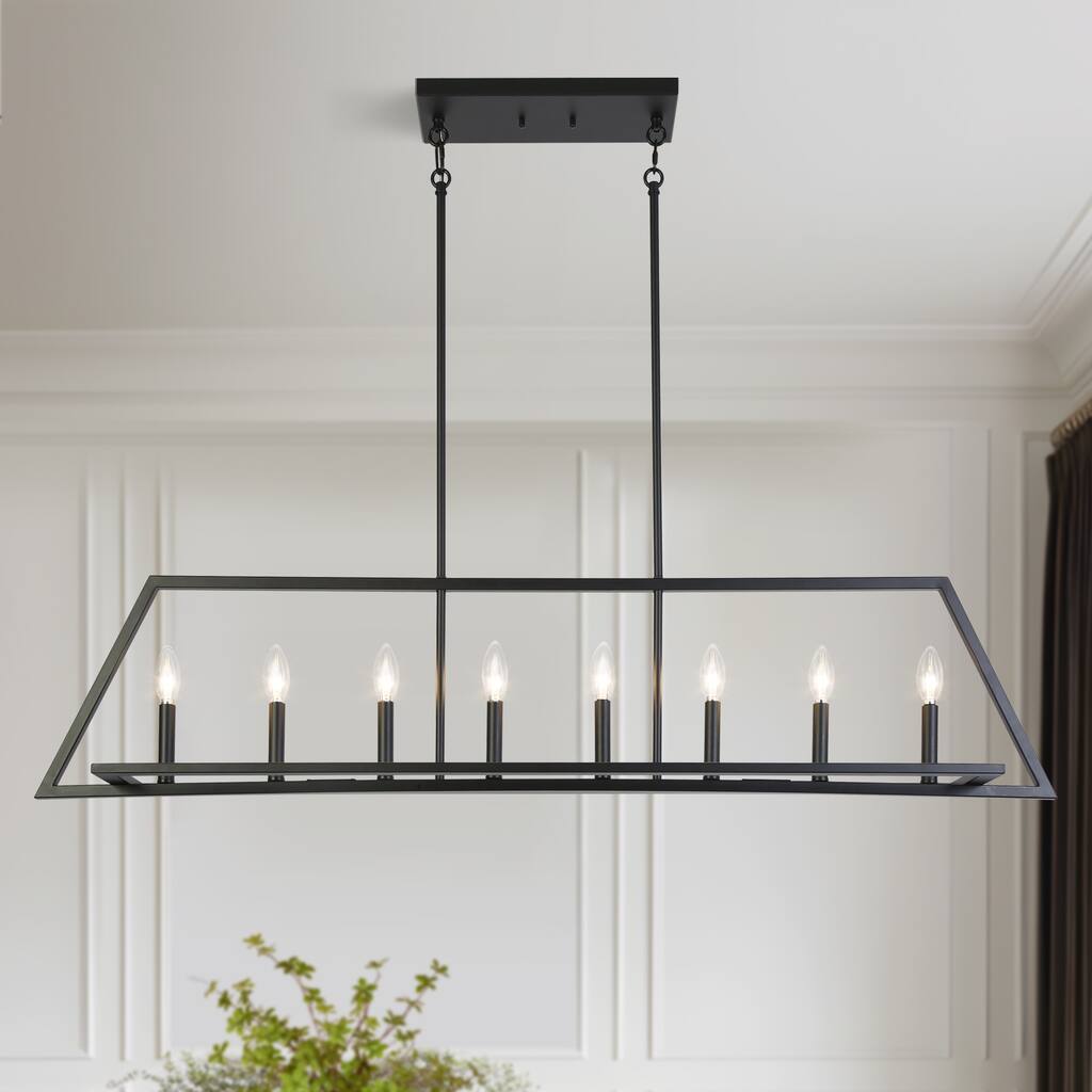 Modern Farmhouse Black 8-Light Chandelier Large Metal Kitchen Island Light - L55.1" x W7.9" x H11.6"
