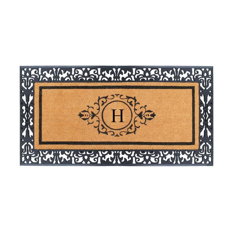 A1HC Natural Coir and Rubber Floral Bordered Doormat 30 in. x 60 in. - Monogrammed H