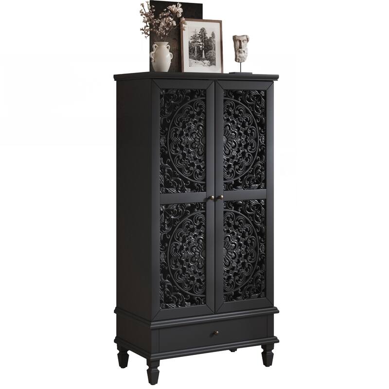 Tall Storage Cabinet with Drawer, Decorative 2-Door Carved Wood Accent Cabinet