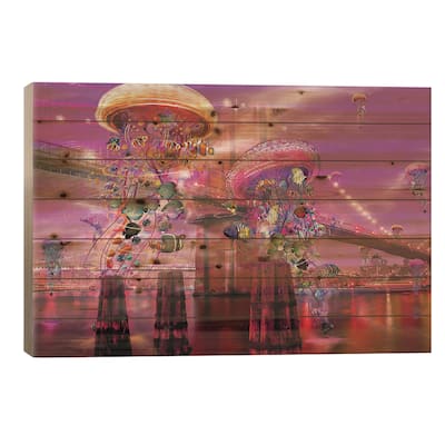 Electric Jellyfish Brooklyn Print On Wood by David Loblaw - Multi-Color
