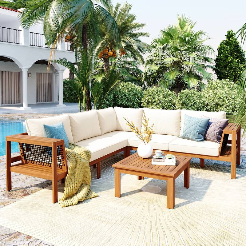 4-Pieces Outdoor Acacia Wood L-Shaped Sectional Sofa Set with Coffee Table and Arm Side Table