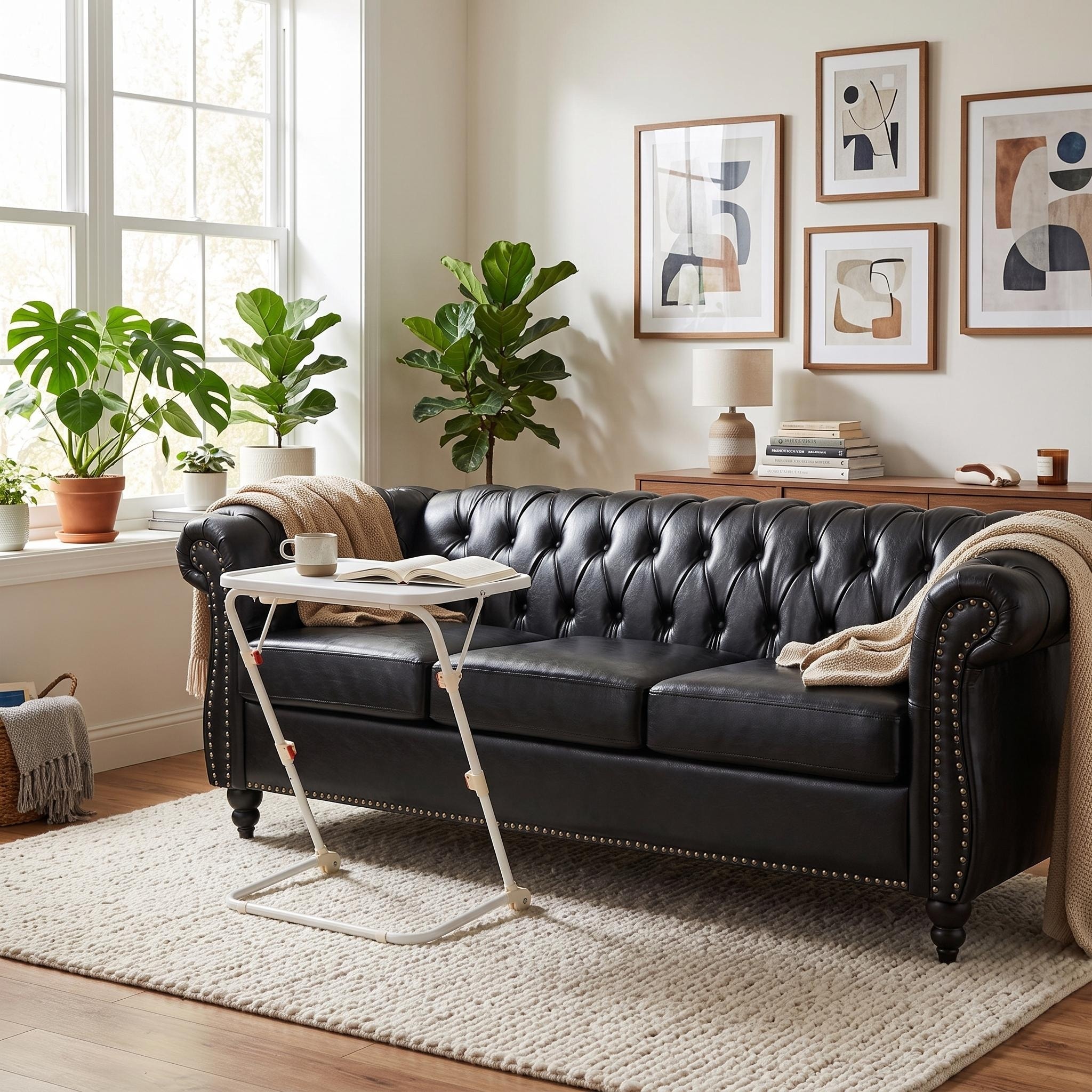 Homy Casa 84.6" PU Chesterfield Sofa with Folding Tray Table, 3-Seater Couch with Cup Holder Adjustable Side Desk Living Room