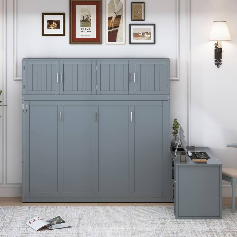 Queen Size Wall Murphy Bed Chest with Top Cabinet and Desk, Wooden Hidden Wall Bed Frame, Foldable Platform Cabinet Bed