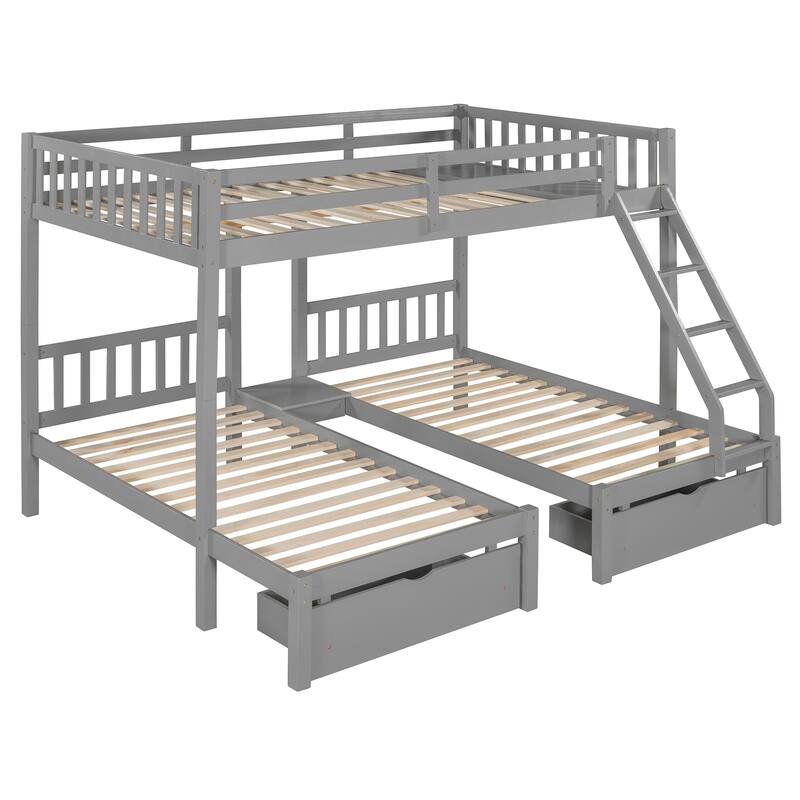 Wood Triple Bunk Bed Full Over Twin & Twin Bunk Bed with Drawer