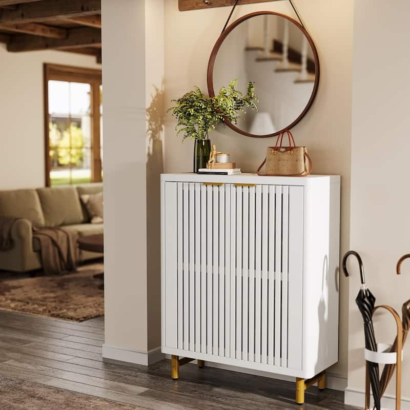 Wooden Shoe Cabinet with Shutter Doors, Adjustable Shelves Large Hidden Storage Organizer Rack for Entryway Hallway