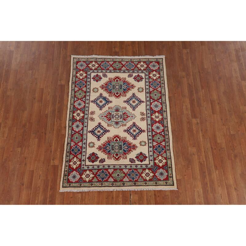 Ivory Kazak Area Rug Hand-Knotted Wool Carpet - 3'11" x 5'6"