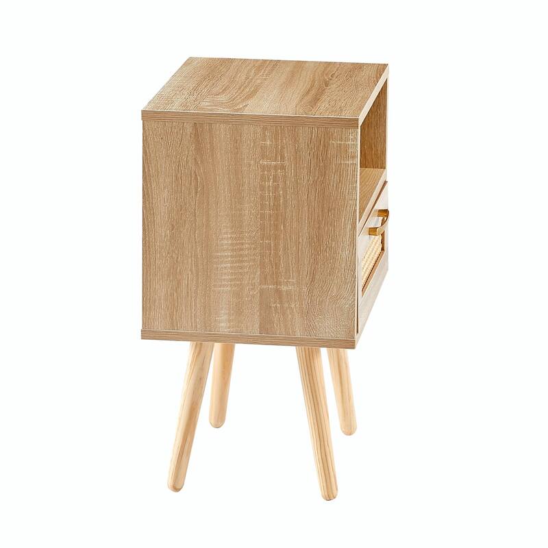 Rattan Nightstand with Drawer, Solid Wood Legs, 16"" Side Table