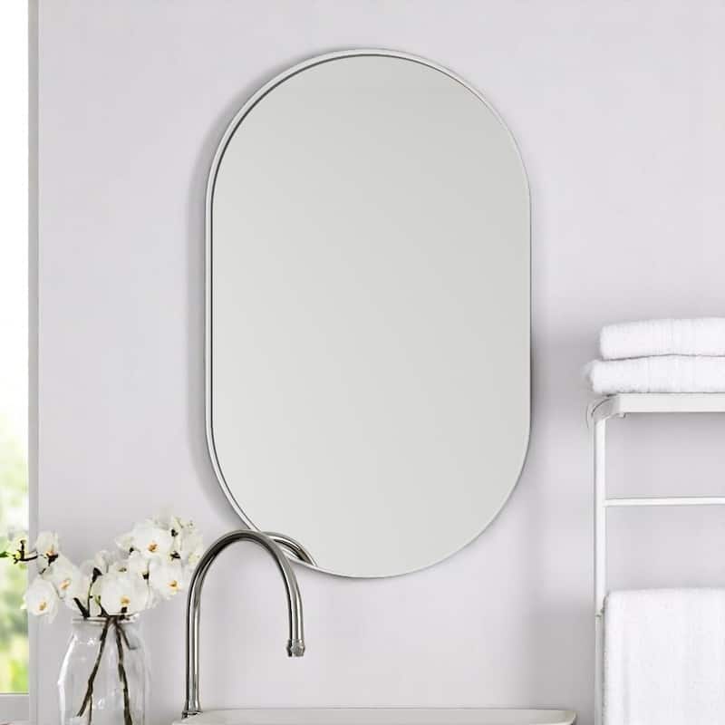 Oval Bathroom Medicine Cabinet 20x34 Inch, Recessed or Wall Mounted Mirror Cabinet with Metal Frame and Storage - White