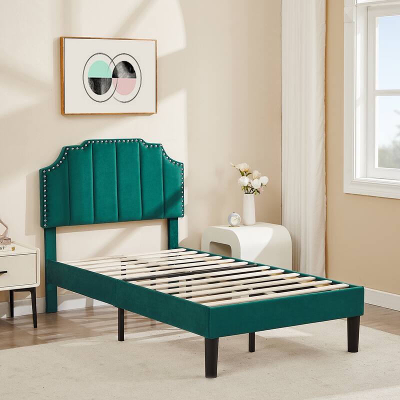 VECELO Upholstered Bed Frame with Nailhead Trim Adjustable Height Headboard, Twin/Full/Queen Size Bedframes