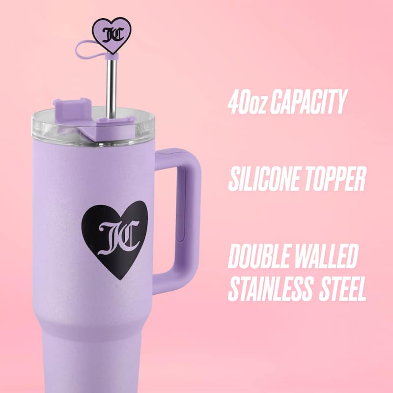 Juicy Couture Jetsetter Hydration Stainless Steel Tumbler with Handle and Straw With Topper