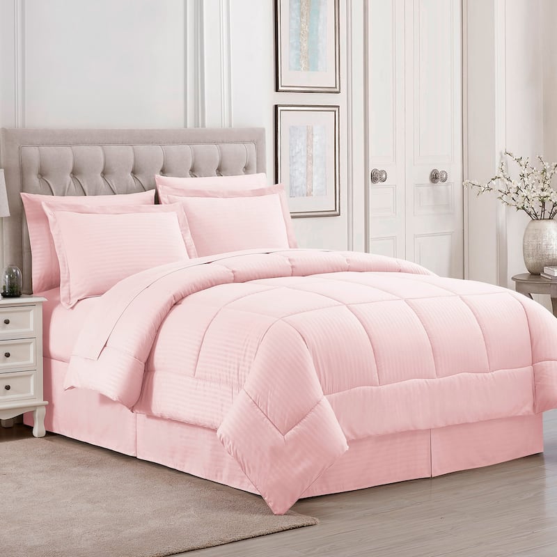 Soft Dobby 8-piece Striped Down Alternative Bed-in-a-Bag Set w/ Sheets - Pale Pink - King