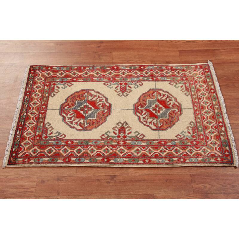 Geometric Kazak Foyer Rug Handmade Oriental Beige Wool Carpet - 2'0"x 3'0" - 2'0"x 3'0" - Ivory/Beige