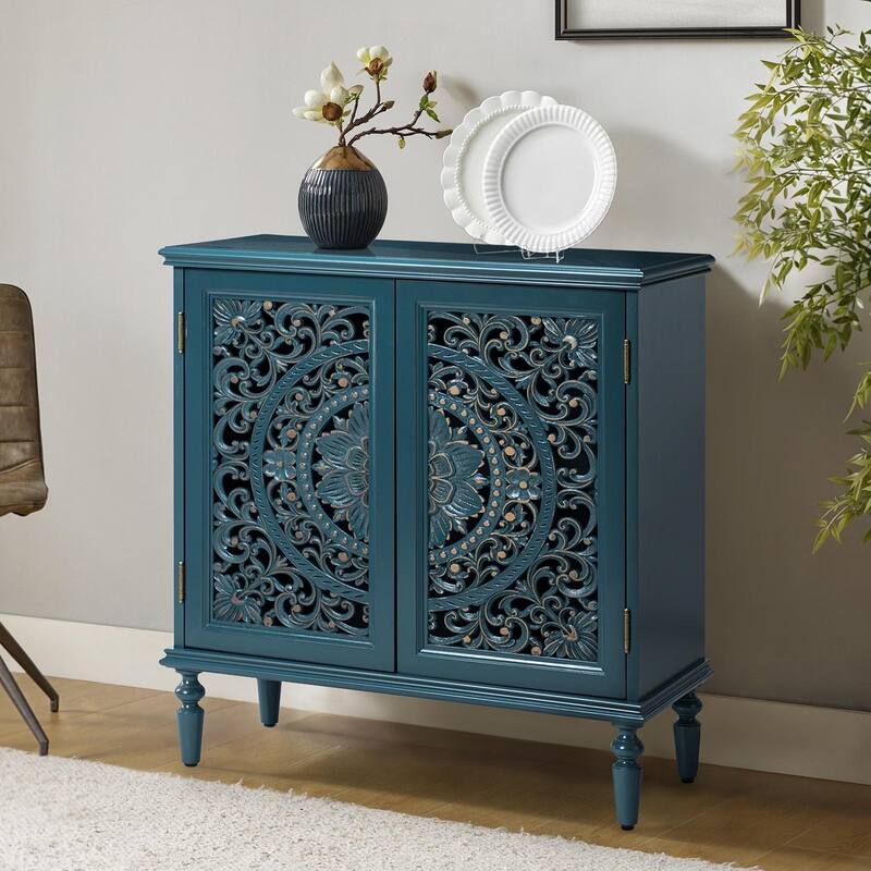 Ismenides Multifunctional 32" Tall 2-Door Accent Cabinet with Floral Design and Solid Wood Legs by HULALA HOME