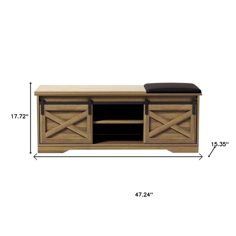 HomeRoots 47" Black and Natural Faux Leather And Wood Bench With Shoe Storage And Shelves - 47.24 in. x 17.72 in. x 15.35 in.
