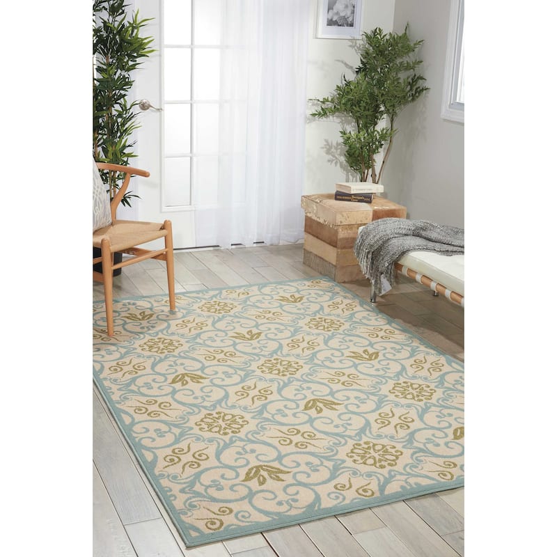 Nourison Caribbean Floral Geometric Indoor/Outdoor Area Rug - 9'3" x 12'9" - Ivory/Blue