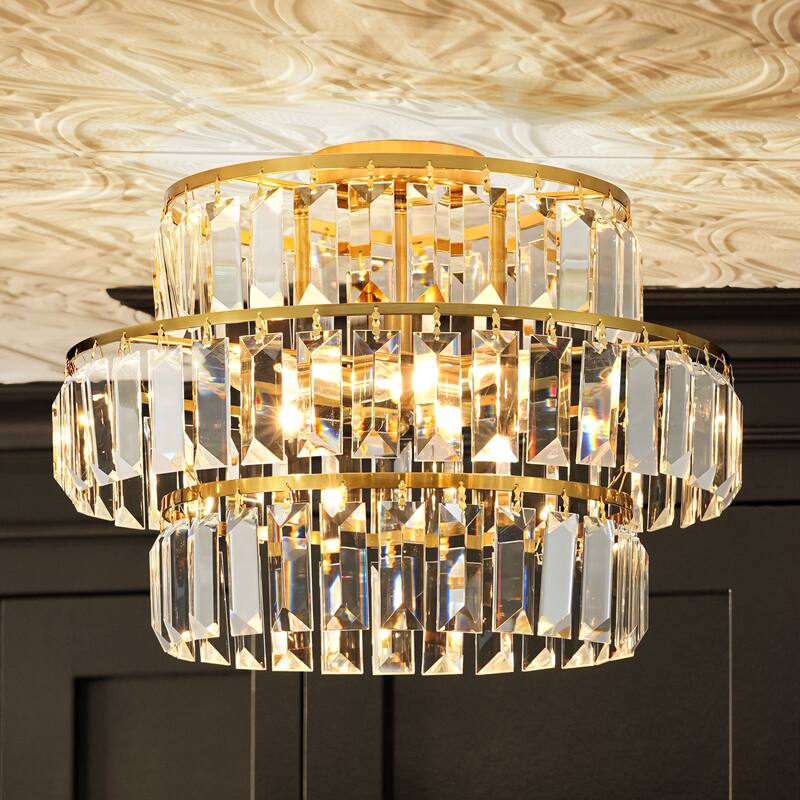 4-Light Modern 3-Tier Crystal Flush Mount Ceiling Light - Glamorous Metal Ring Ceiling Fixture for Bedroom